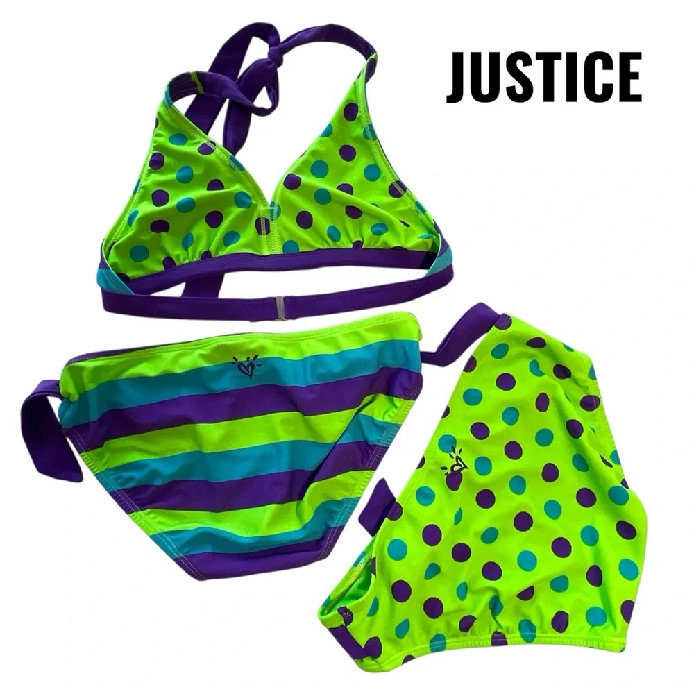 Justice Kids Swim Size 12, 2 Bikini Reversible top - Green and Purple
